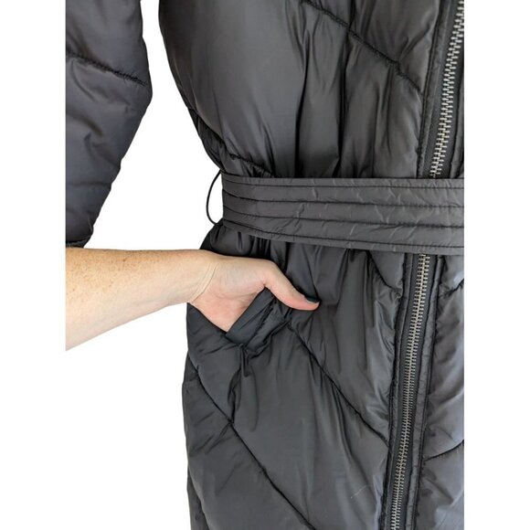 NWOT Express Belted Black Quilted Puffer Long Winter Jacket with Hood - Picture 5 of 13